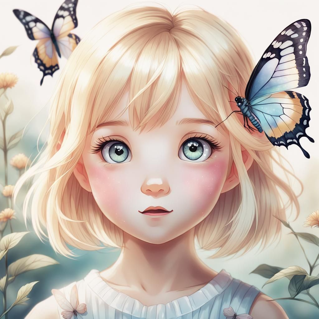 Anime Girl and Butterfly in Pastel Watercolor Style