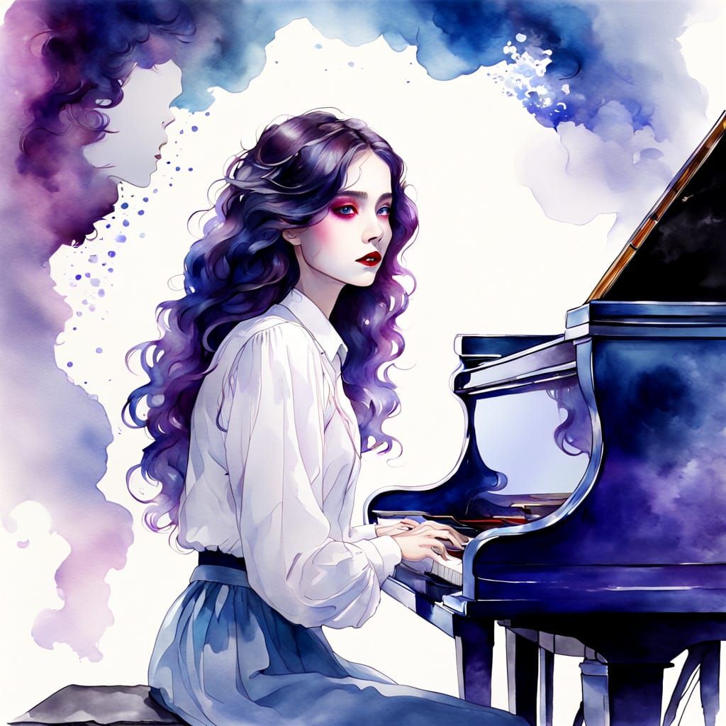 Ethereal Dreamcore Piano Player in Watercolor