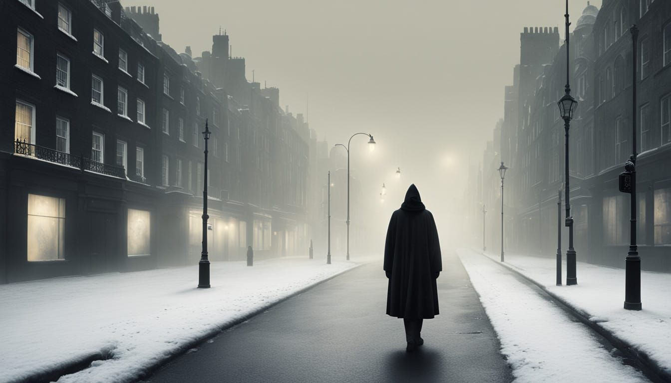 Lonely Figure Walks in London's Frosty Fog