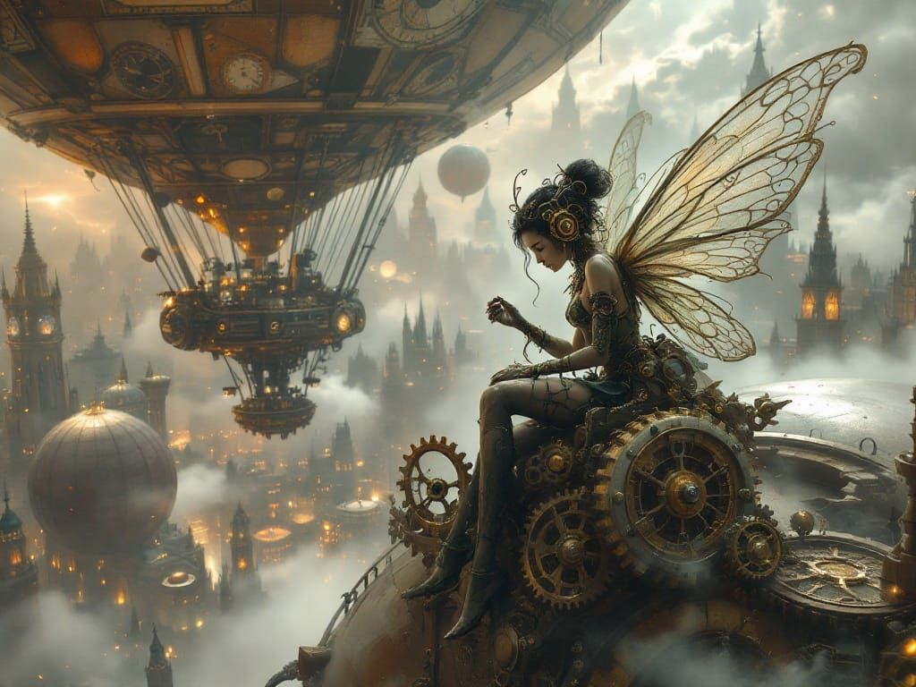 Steampunk Fairy Atop Zeppelin in Victorian Cityscape