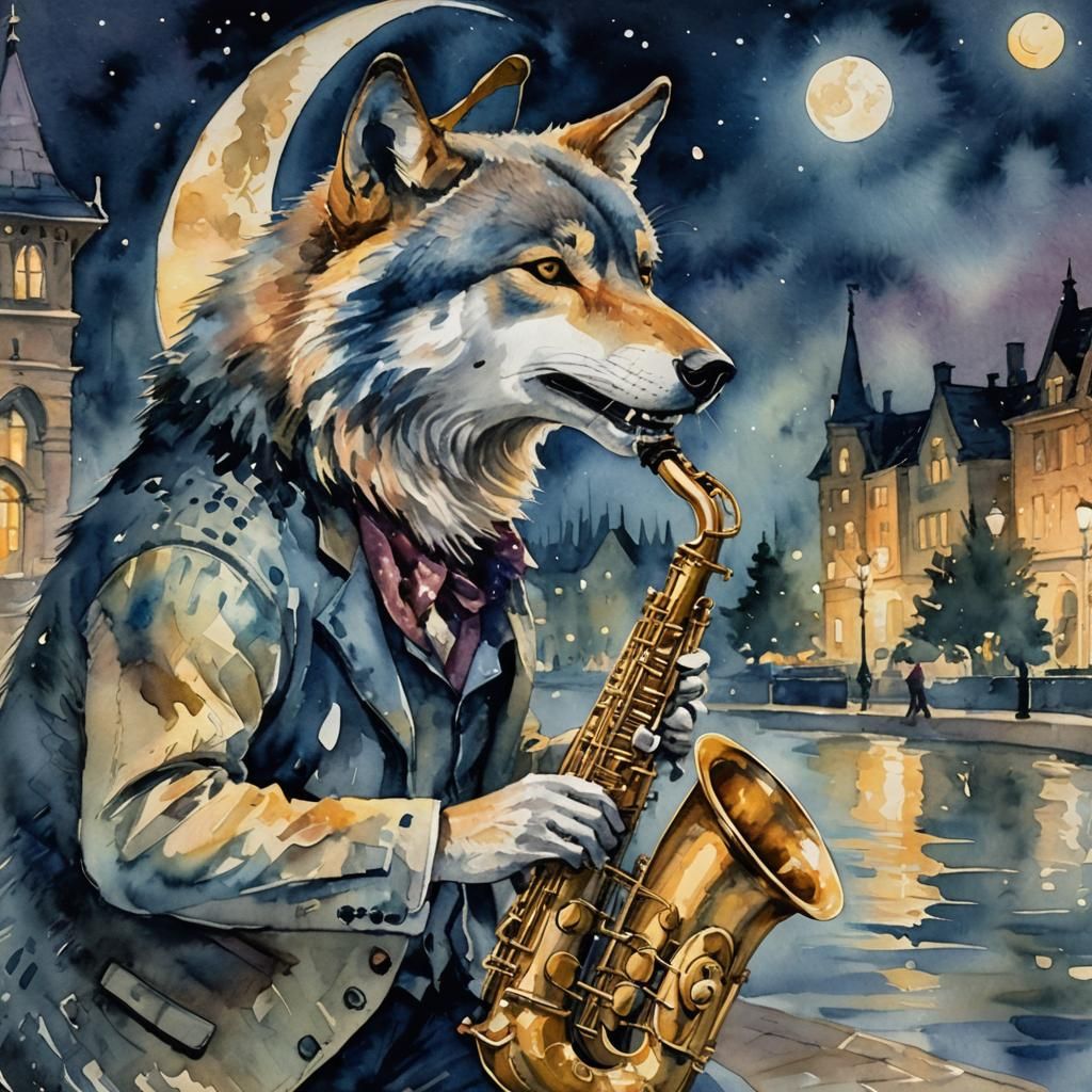 Wolf Plays Saxophone Under Moon in Impressionist Watercolor