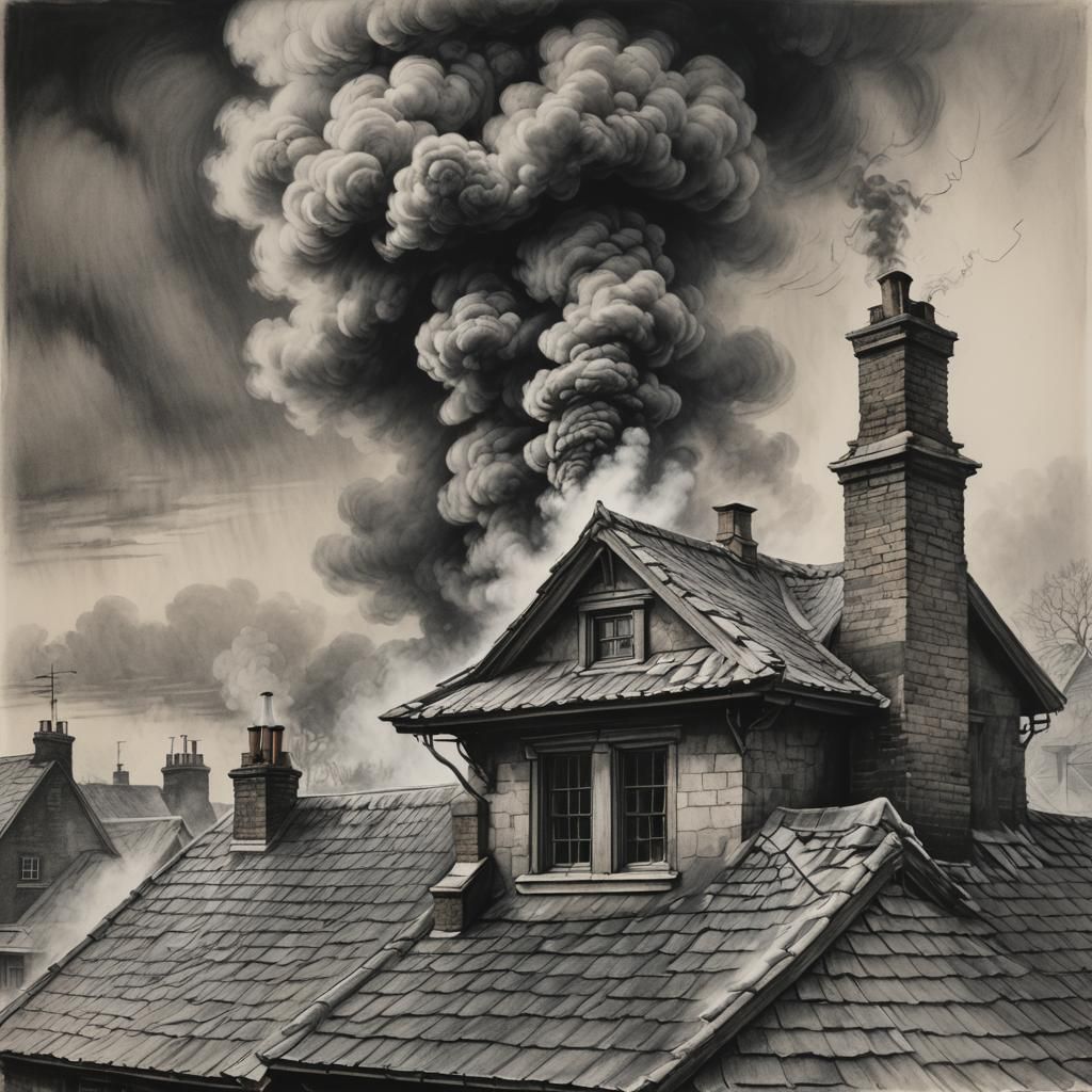 Winter Morning Smoke: A Charcoal Drawing with Chiaroscuro Li...