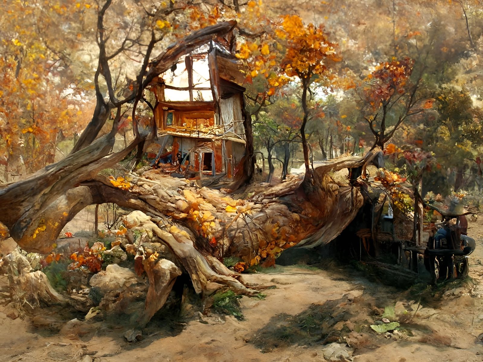 Autumn Treehouse: 19th Century Oil Painting