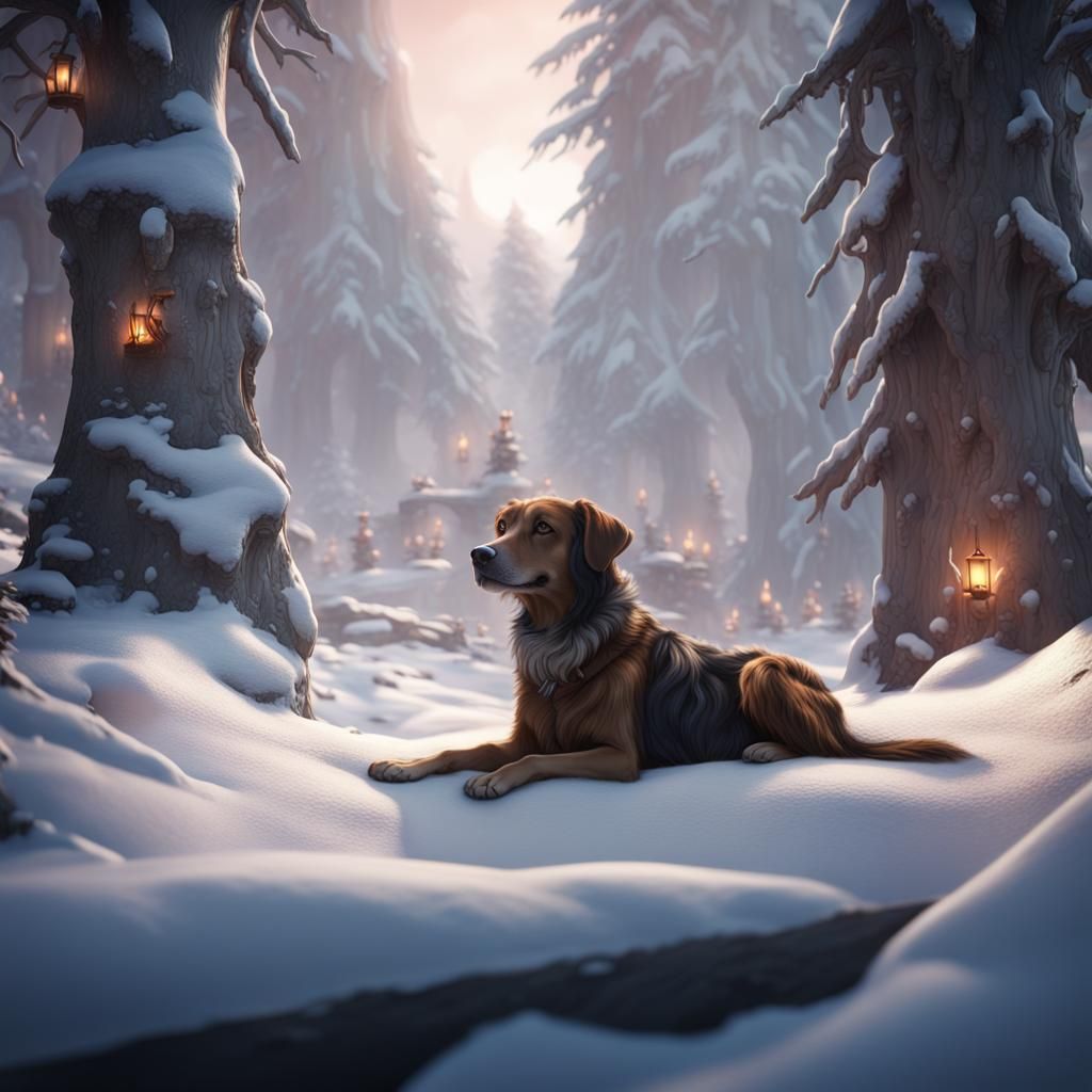Snowy Grave with Dog in Detailed Matte Painting