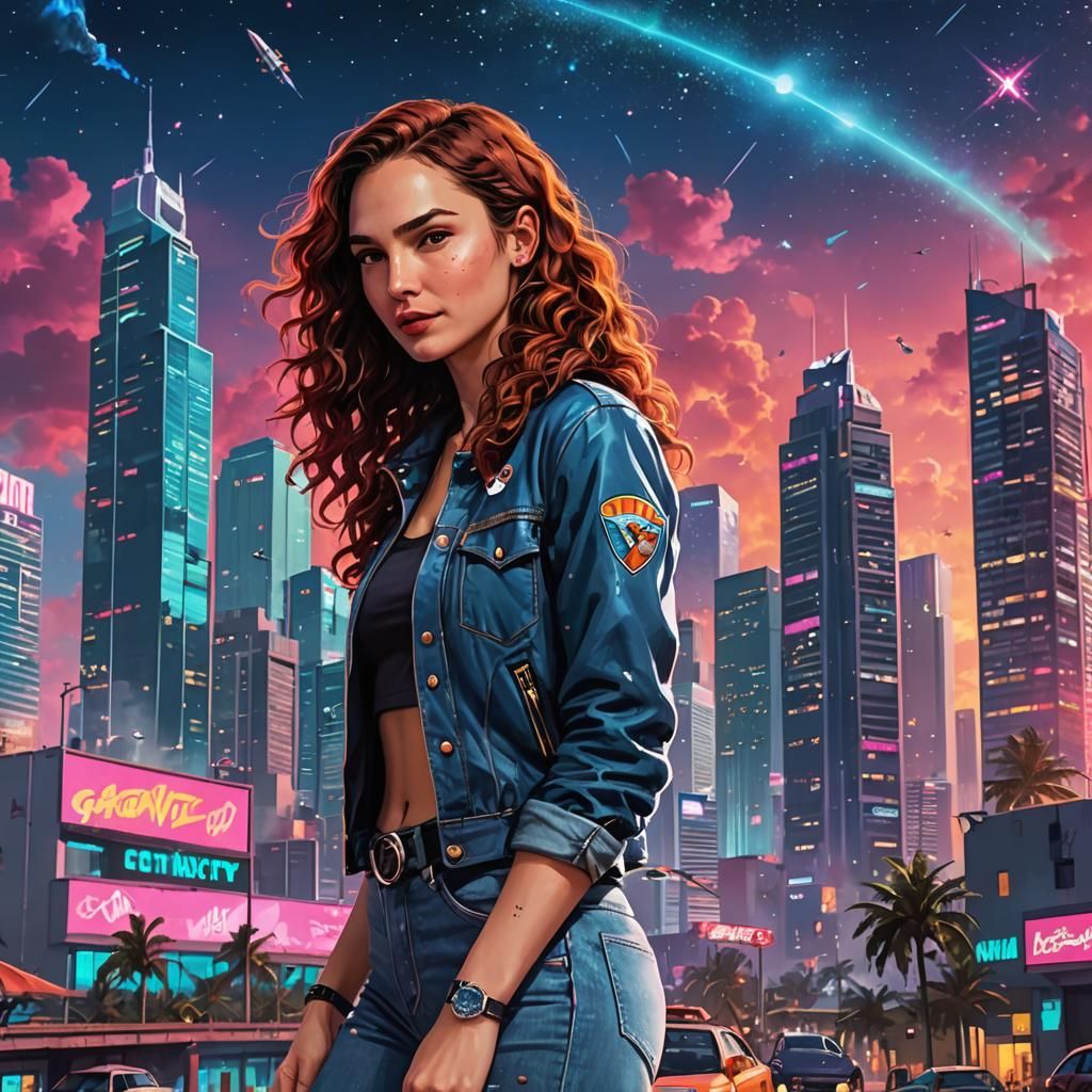 Cyberpunk Gal Gadot with Galaxy Top and Red Hair