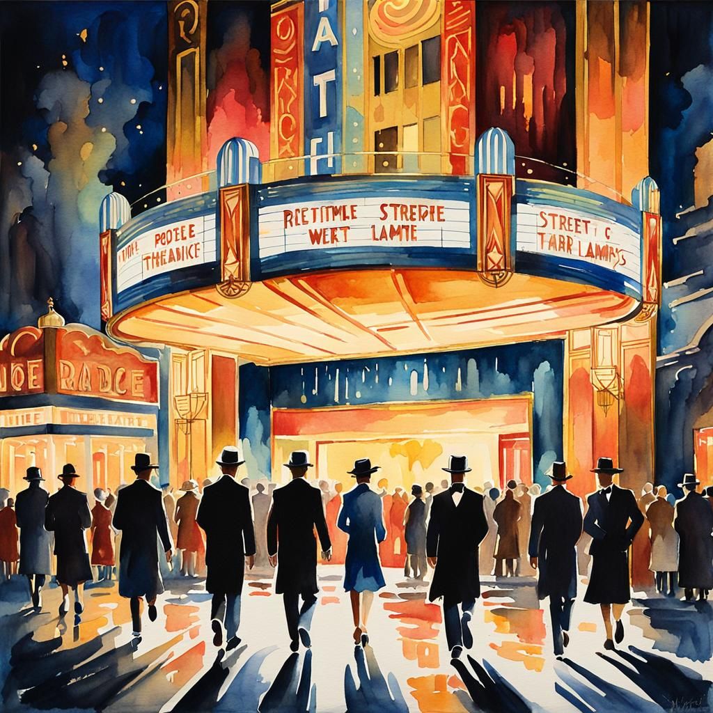 A 1920s Art Deco theatre at night.