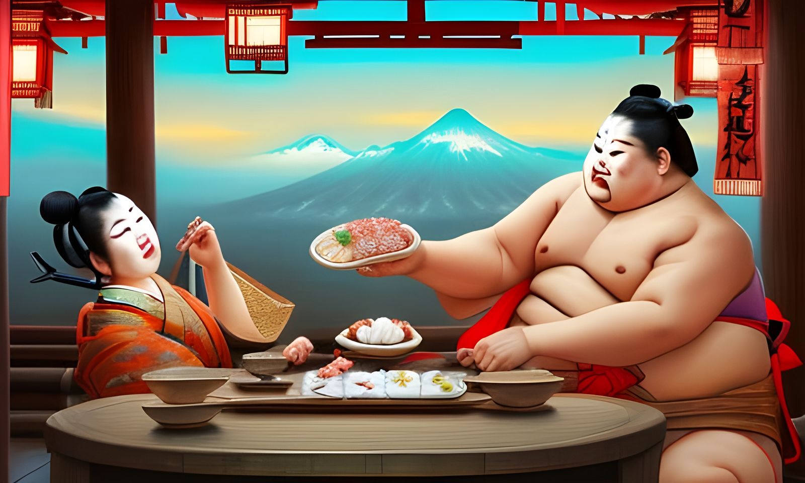 Sumo wrestler eating sushi with a Geisha in a japanese temple facing mount Fuji