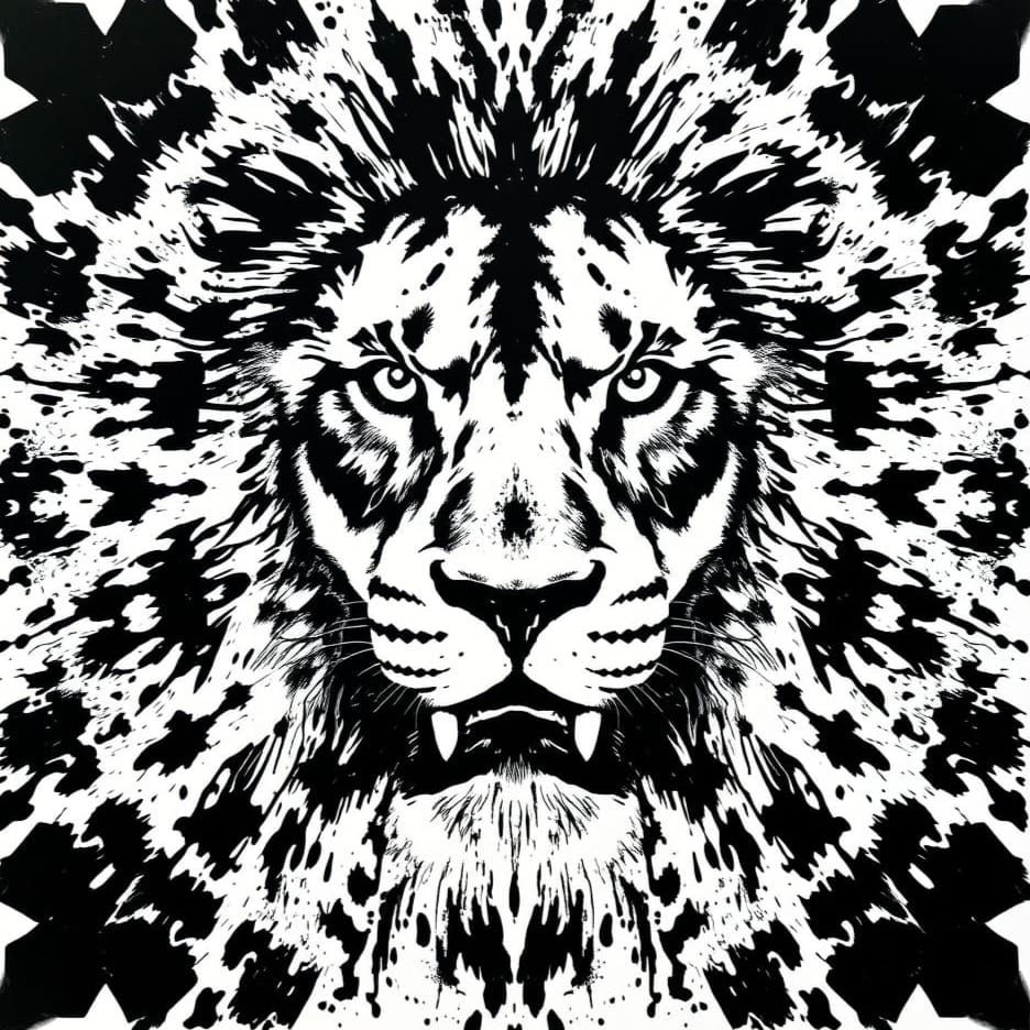 Surreal Black Ink Rorschach Pattern Lion Portrait in Splatte...