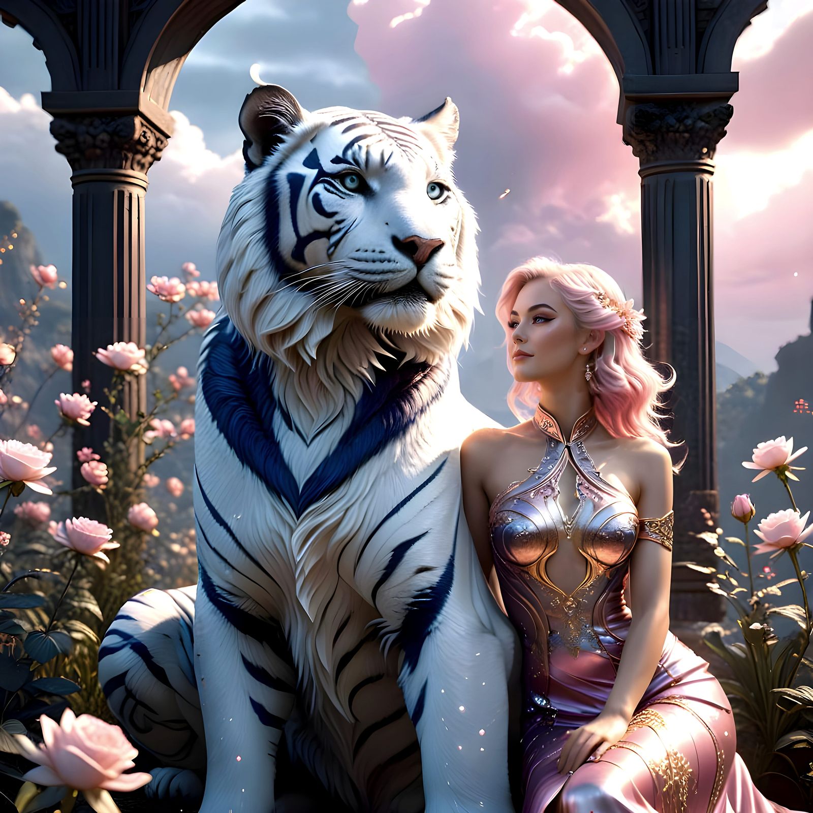 Goddess and Tiger Bonding Moment in Fantasy Landscape