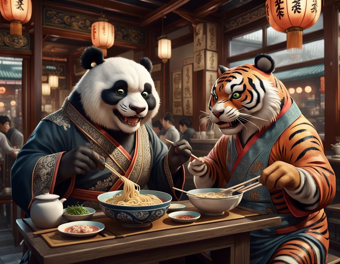 Anthropomorphic Panda and Tiger Noodle Fight