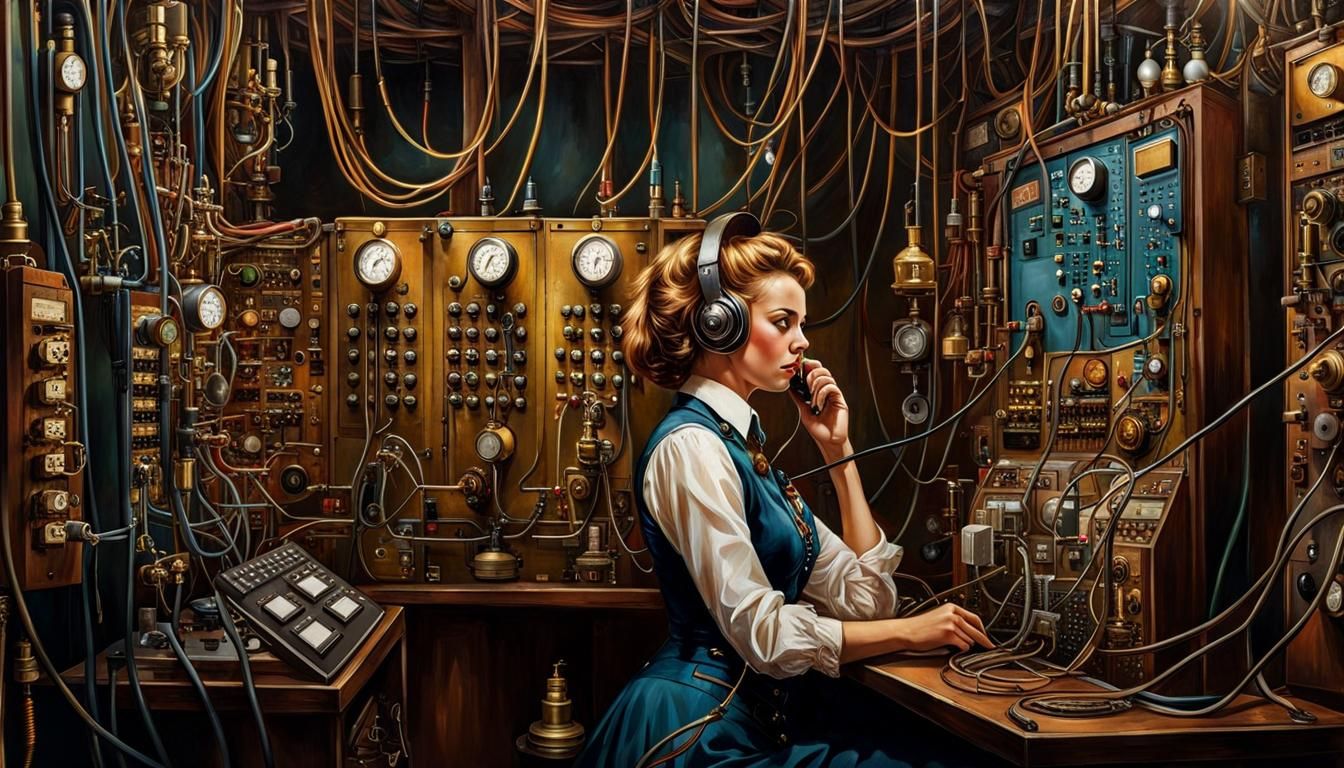 Steampunk Telephone Operator in Brass Switchboard Room
