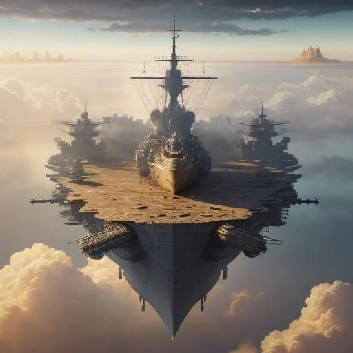 Steampunk Floating Island Battleship Aerial View