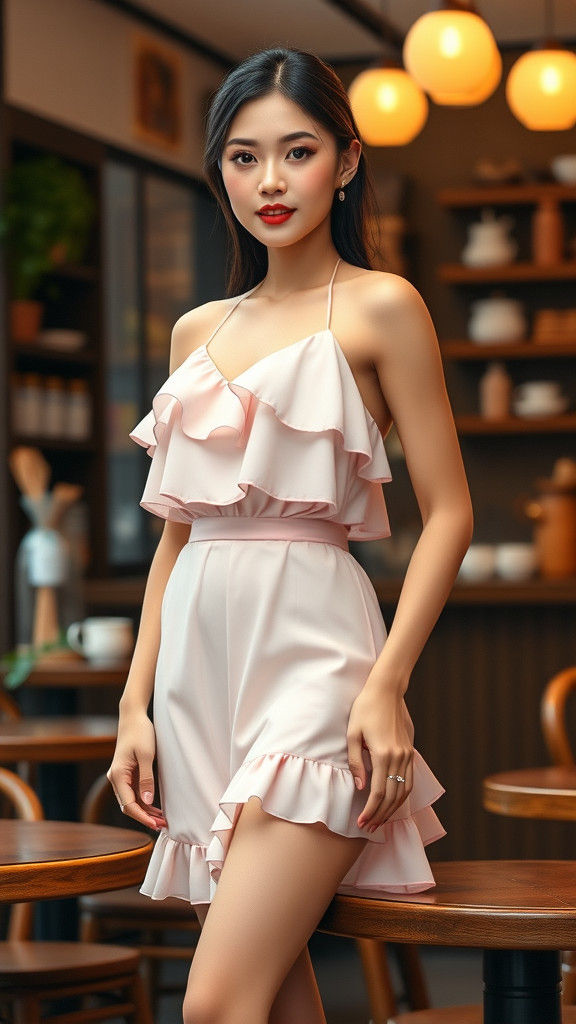 Vietnamese Woman with Muscular Physique in Coffee Shop