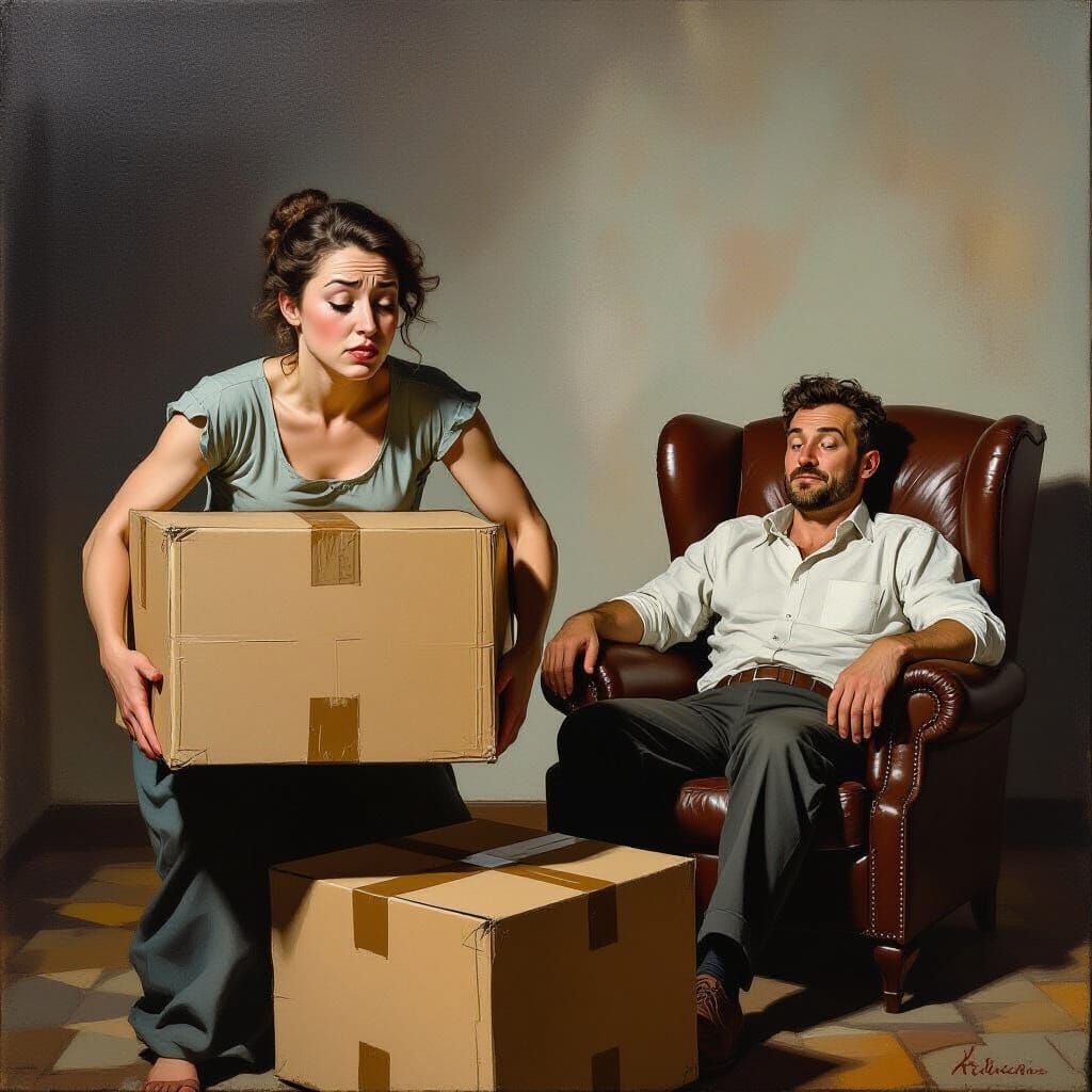 Woman Struggles With Boxes While Husband Smirks, Oil Paintin...