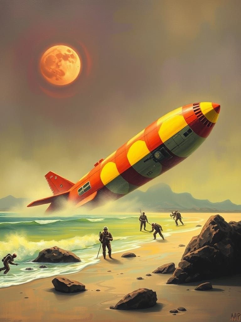 Mysterious Spaceship Wreckage on a Foggy Cthulhu Beach, in a...