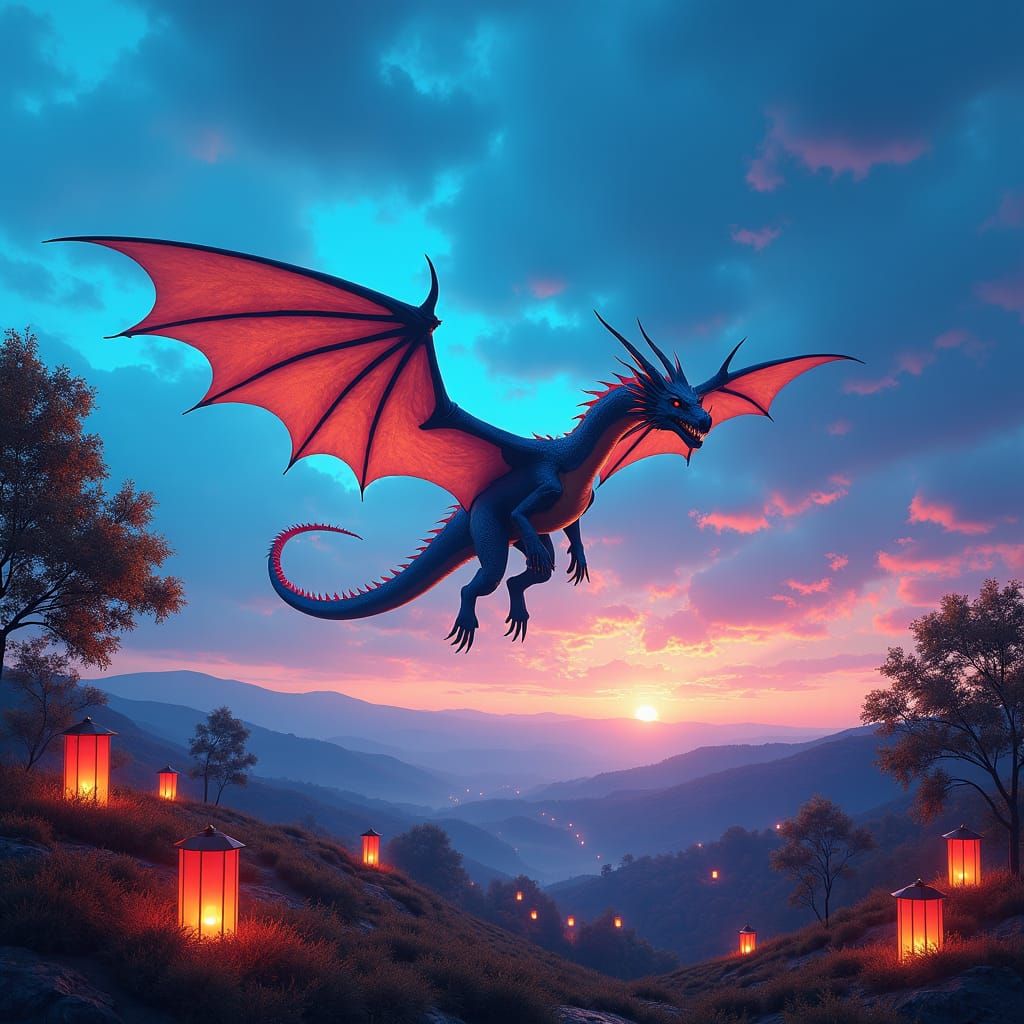 Dragon Soaring Through Electric Blue Sky