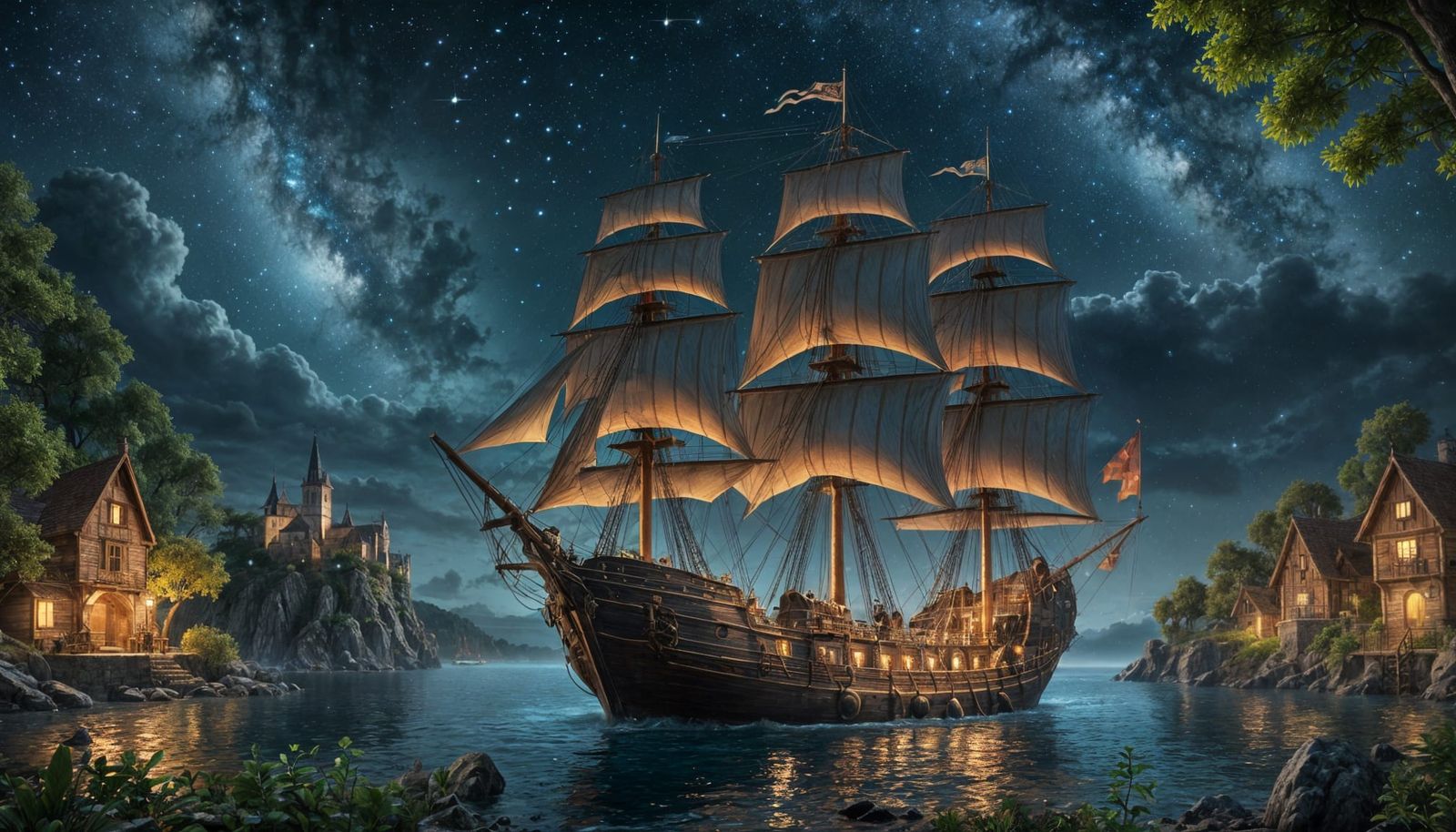 Night Voyage of a Medieval Ship: Fantasy Concept Art