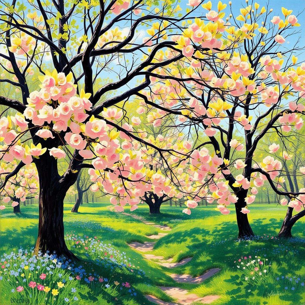 Vibrant Spring Landscape with Lush Greenery, Blooming Wildfl...