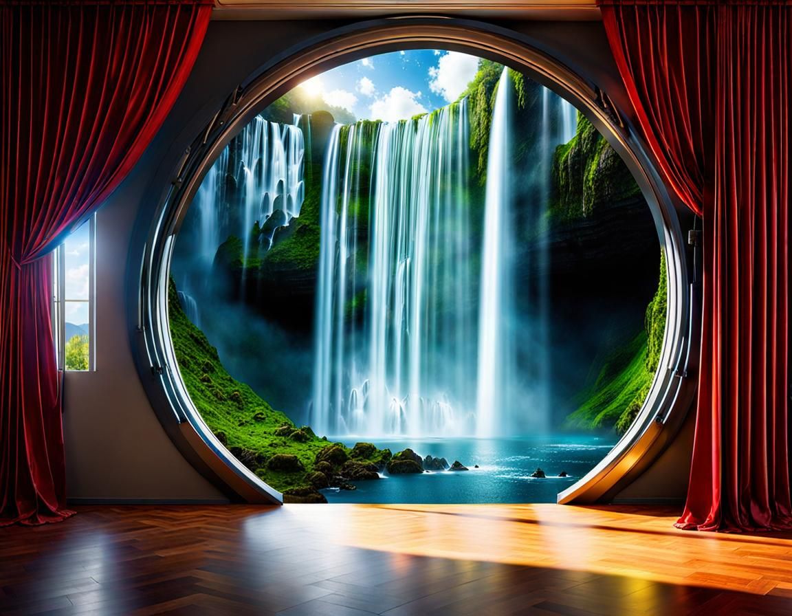 Magical Portal Reveals Waterfall Landscape With Sci-Fi Effec...
