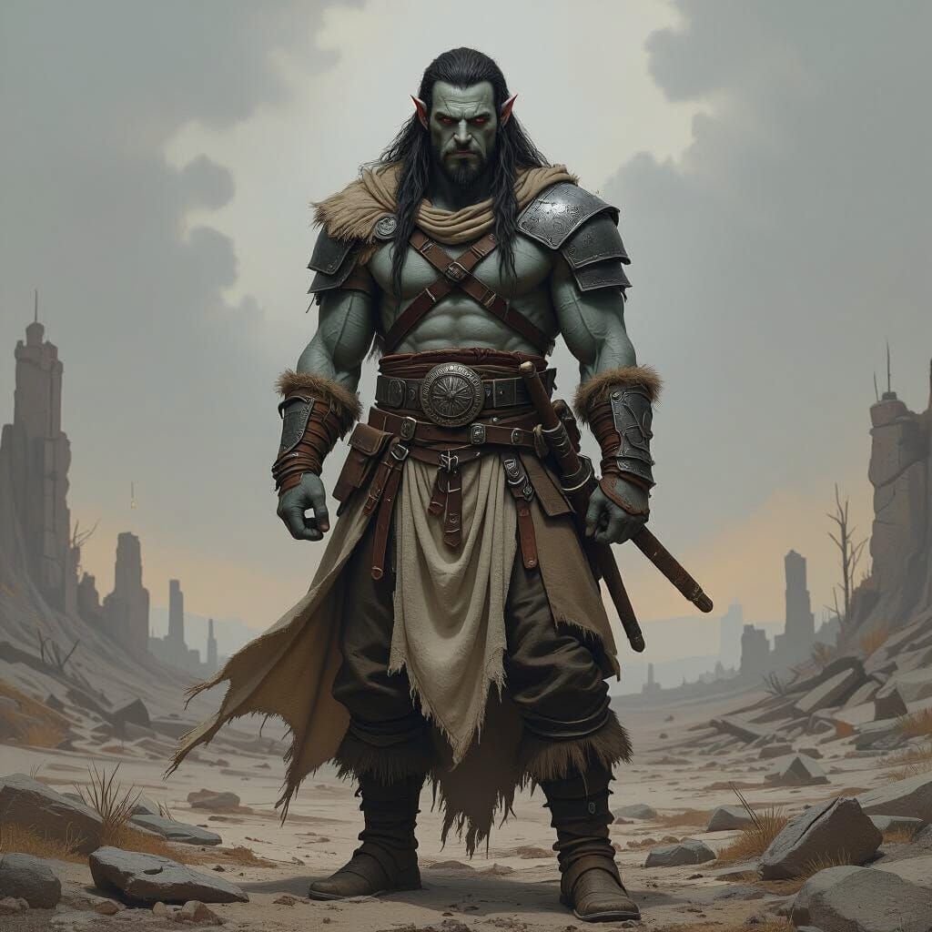 Half-Orc Warrior in Post-Apocalyptic Fantasy Realm