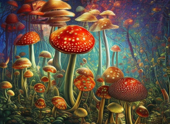 Glowing Amanita Mushrooms in Fantastical Twilight