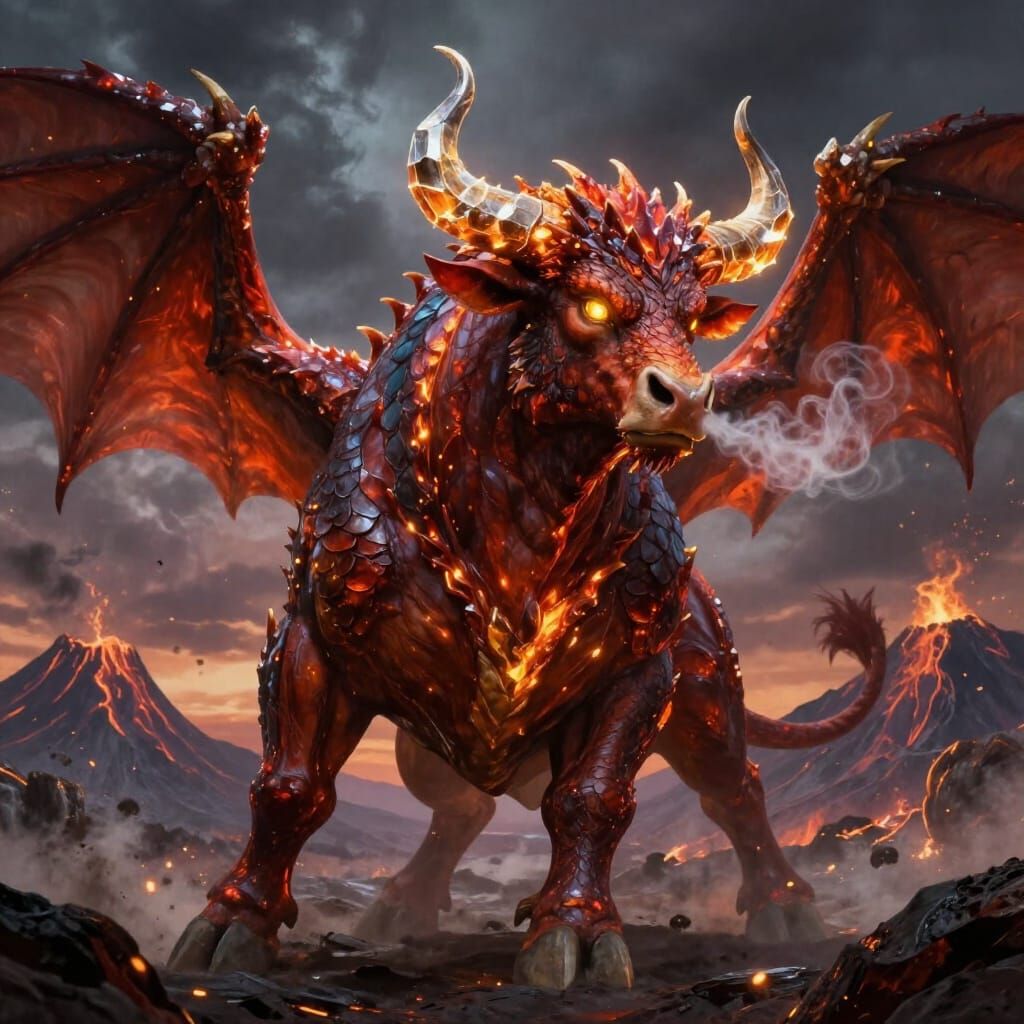 Majestic Bull-Dragon Hybrid in Volcanic Landscape