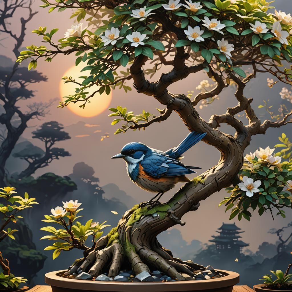 Bird on Bonsai: Watercolor Concept Art