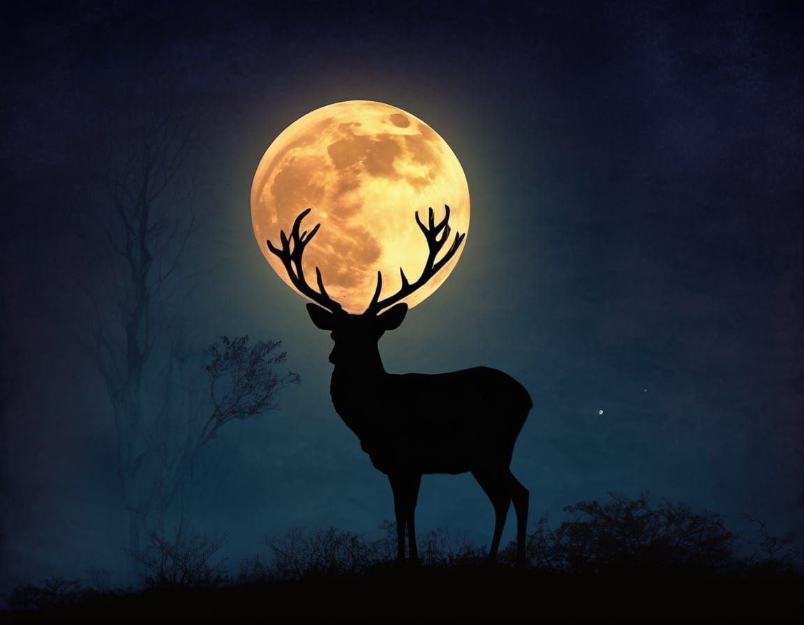 Deer Silhouette Under Full Moon in Mystical Forest