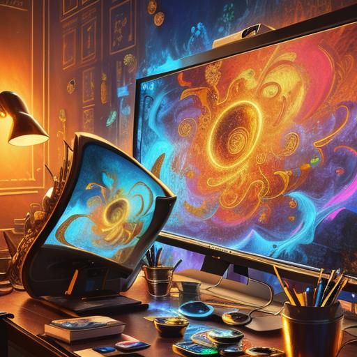 Digital art. Low-angle shot. Artist sitting at a desk surrounded by scattered coins and artistic tools, intensely focusi...