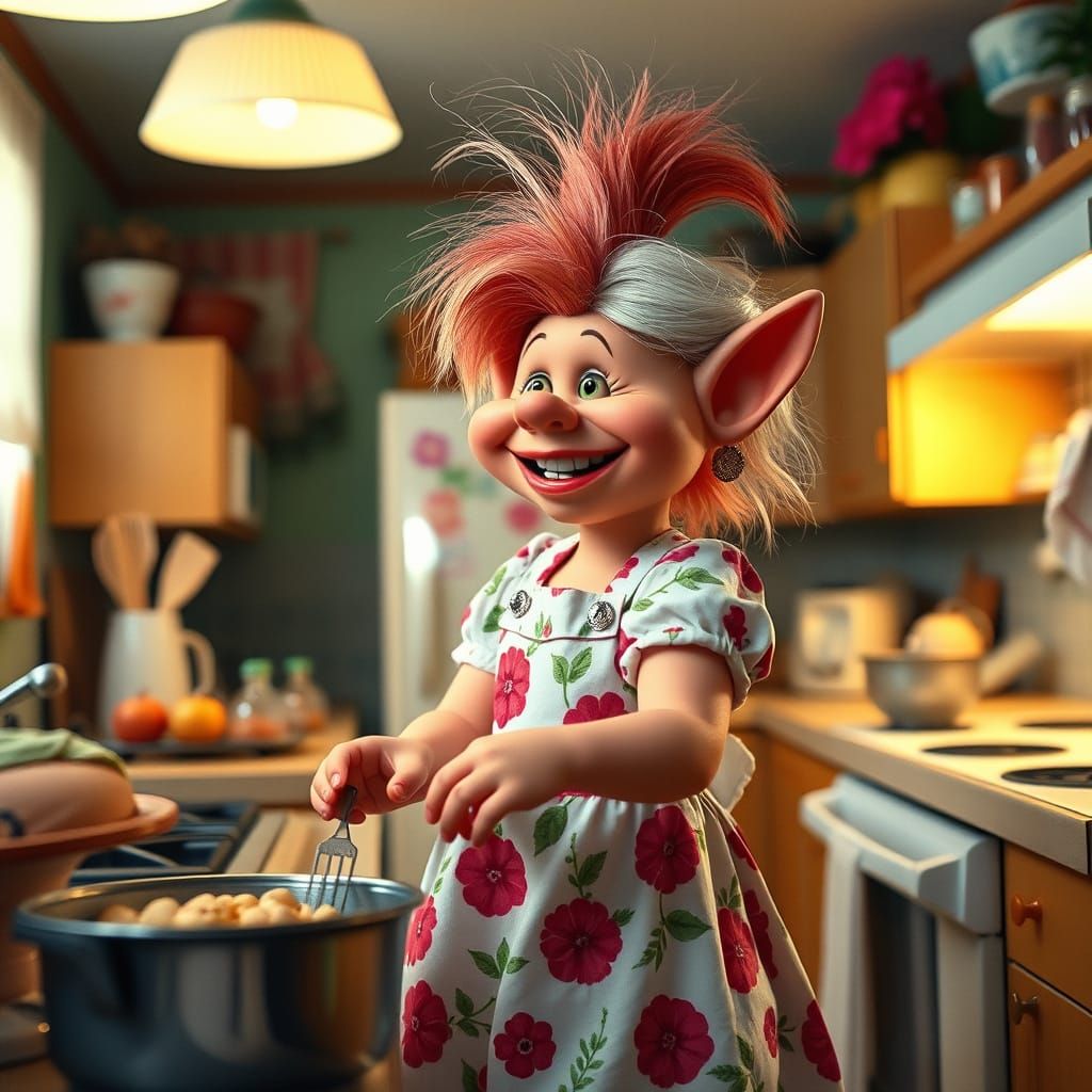 Enthusiastic Troll Housewife in 1950s Kitchen