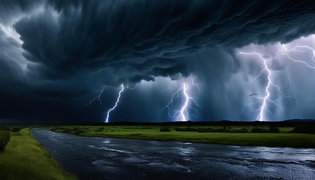 Dramatic Storm Scene with Lightning and Heavy Rain