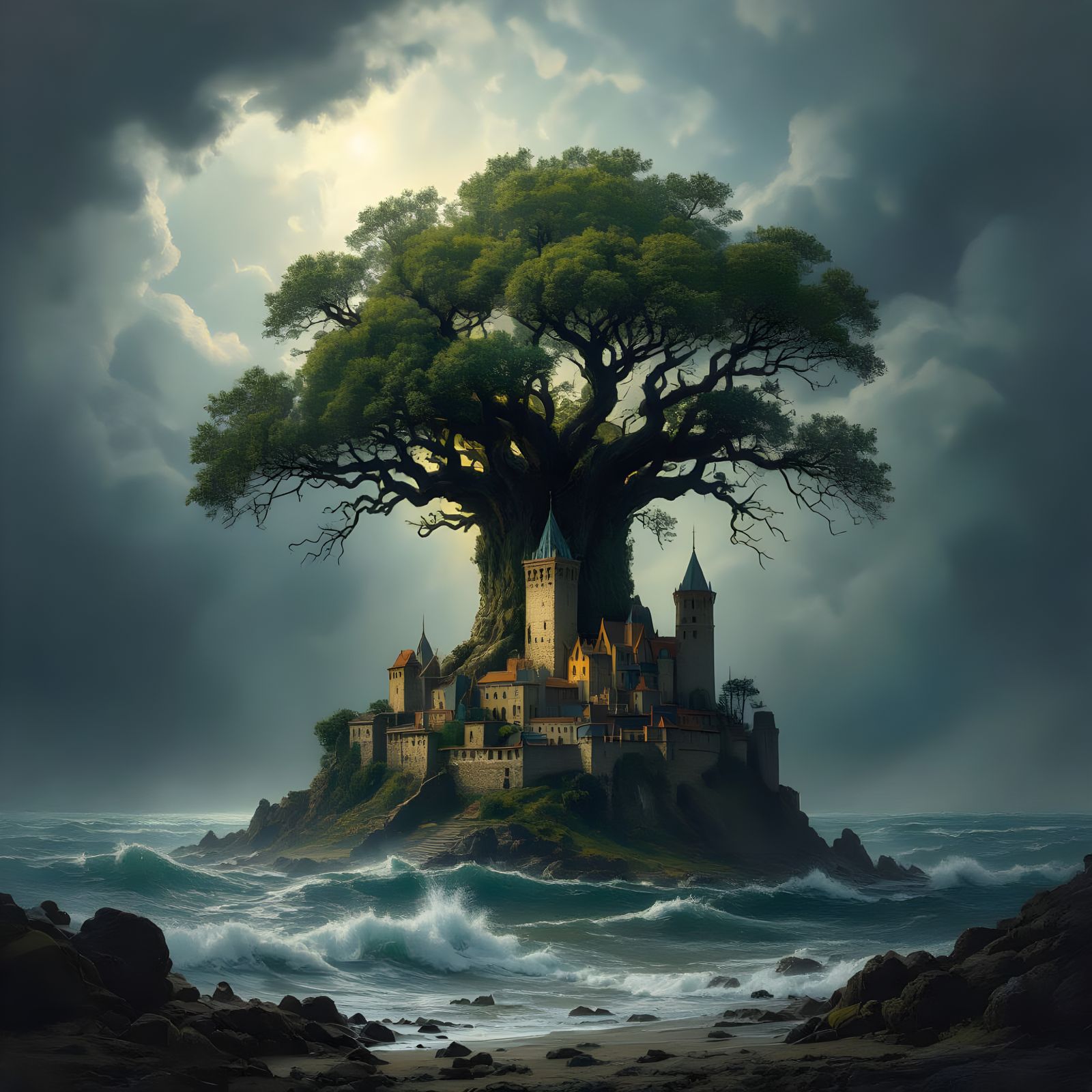 Ancient Tree Roots Cradle City by Stormy Sea