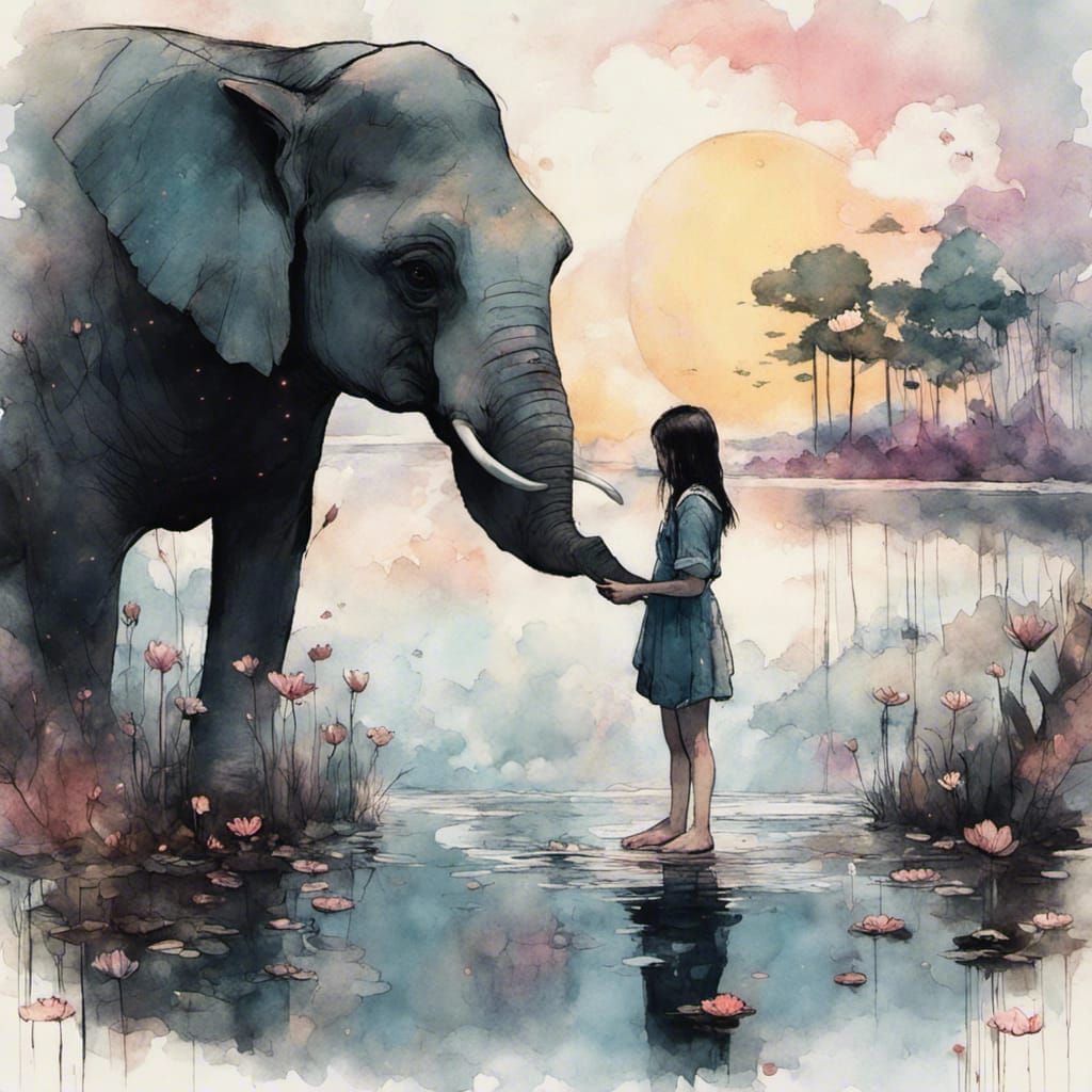 Girl and Elephant Watercolor Under Night Sky