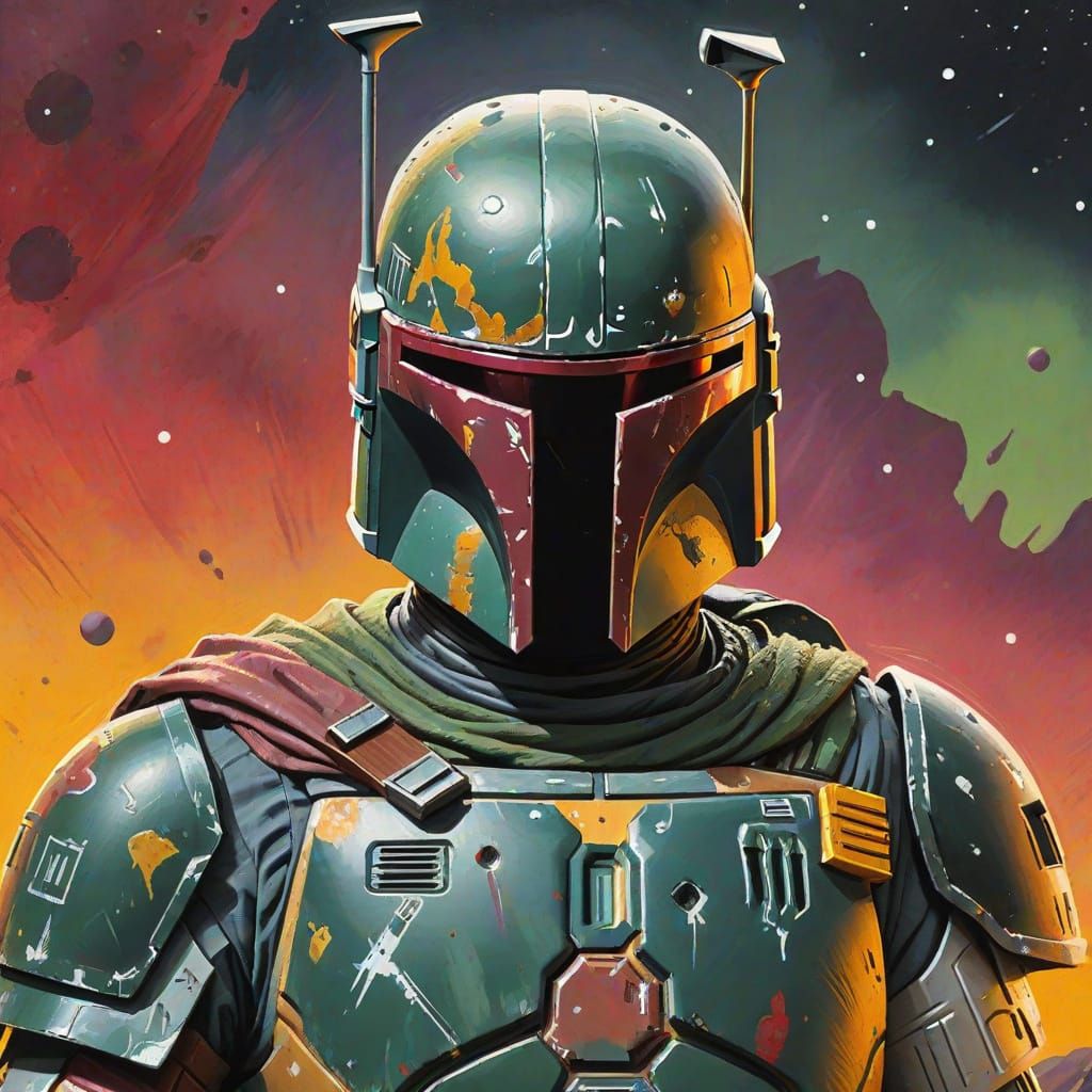 Detailed Gouache Portrait of Boba Fett on Planet