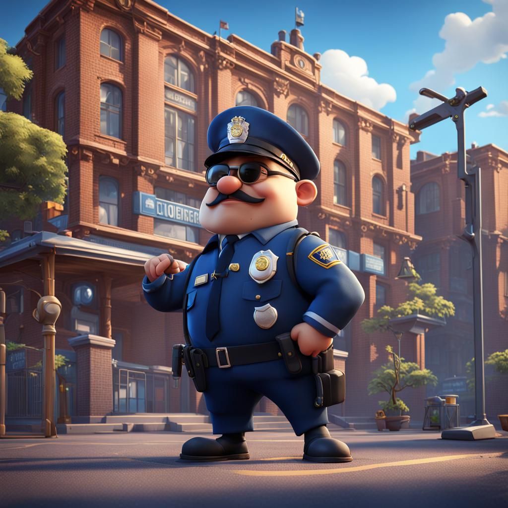 Cartoon Policeman at the Police Station: Detailed Matte Pain...