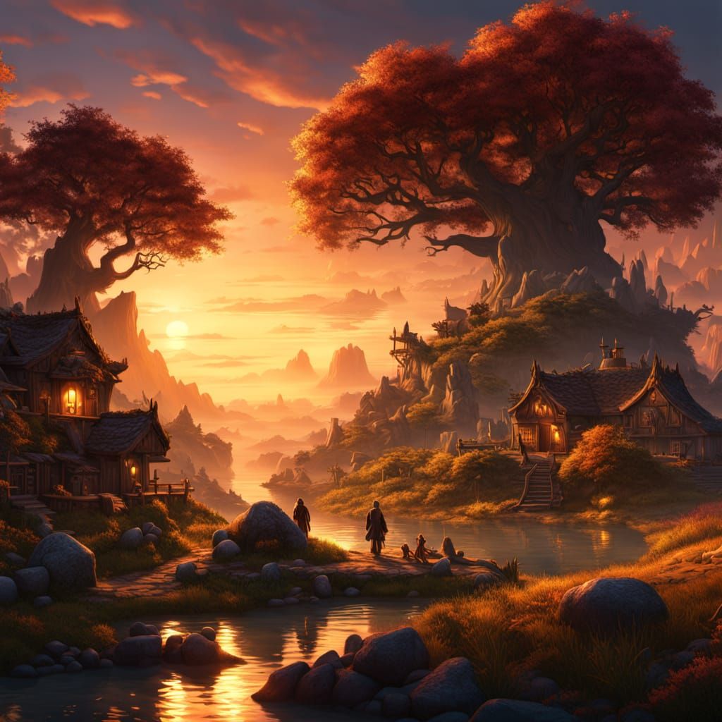Dark Fantasy Sunset Scenes in Warm Evening Light