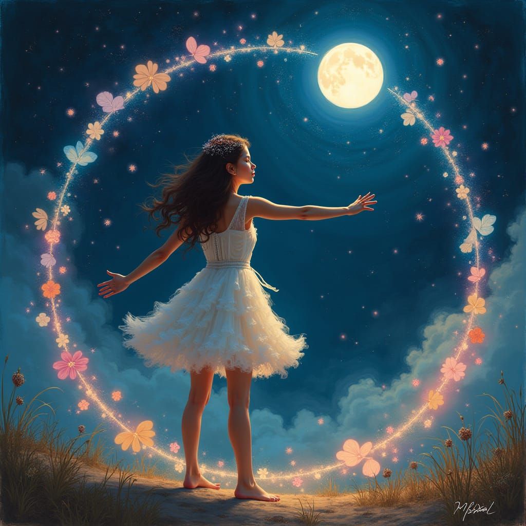 Woman Harnessing Moon Magic in Whimsical Style