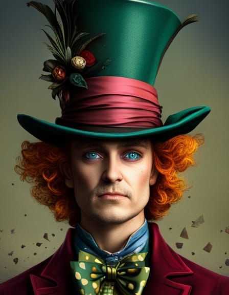 The Mad Hatter from Alice in Wonderland, wearing a mismatched outfit, with an eclectic mix of hats in various shapes, si...