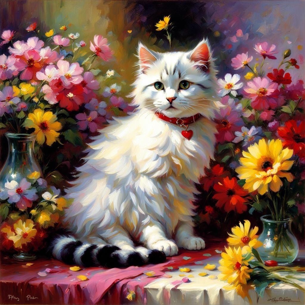 Cute Cat with Flowers in Pino Daeni Style