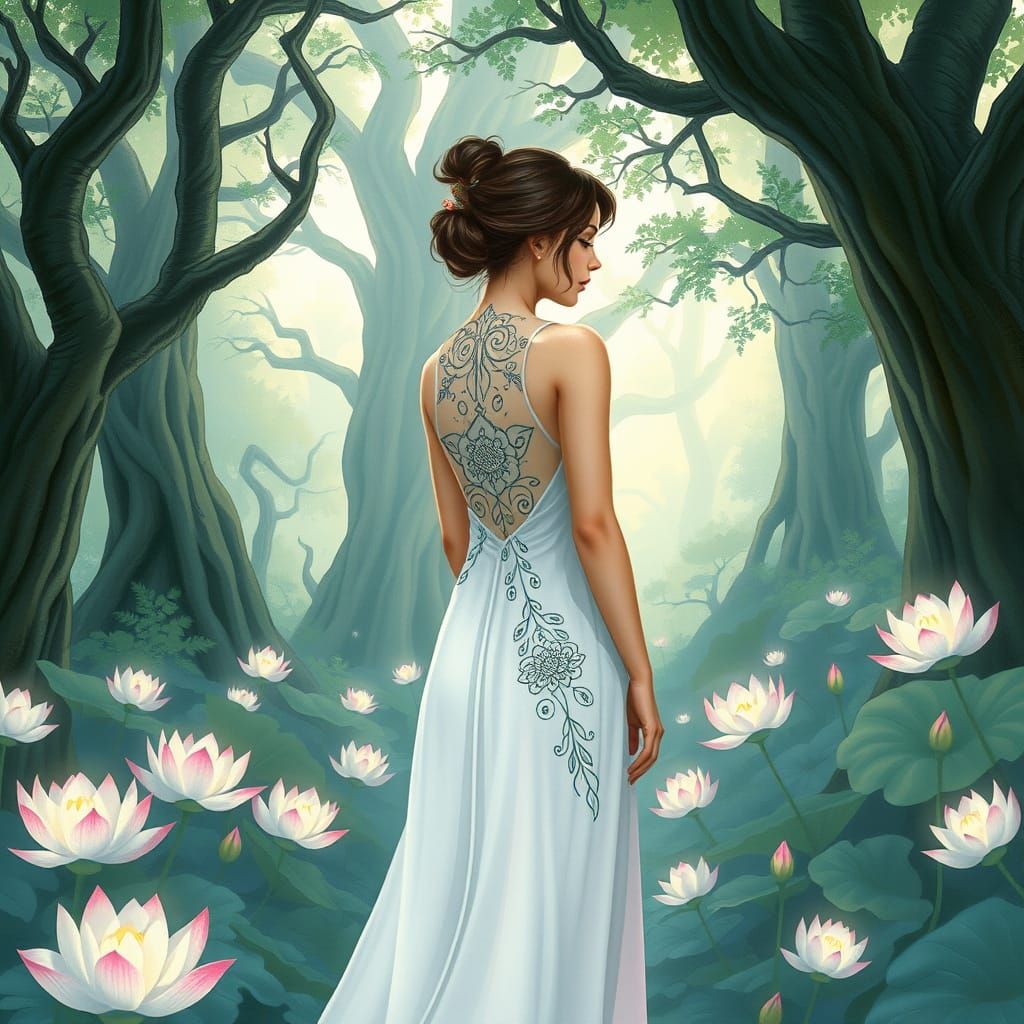 Whimsical Watercolor of a Young Woman in a Bioluminescent Lo...