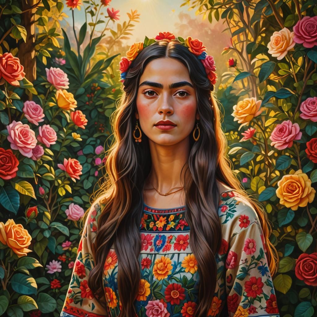 Rosa in Sunlit Garden, Mexican Folk Art Portrait