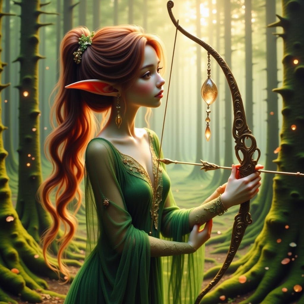Ethereal Elf Archer in Misty Forest, Fantasy Art