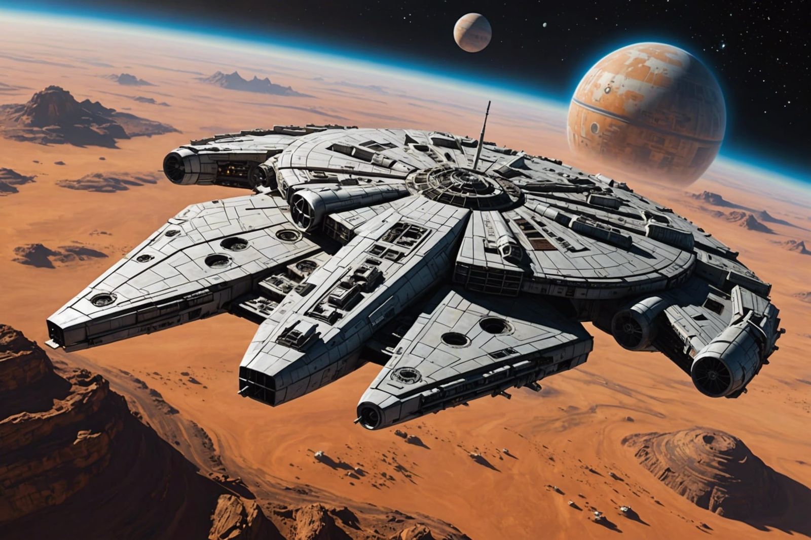 Millennium Falcon Over Planet in Space