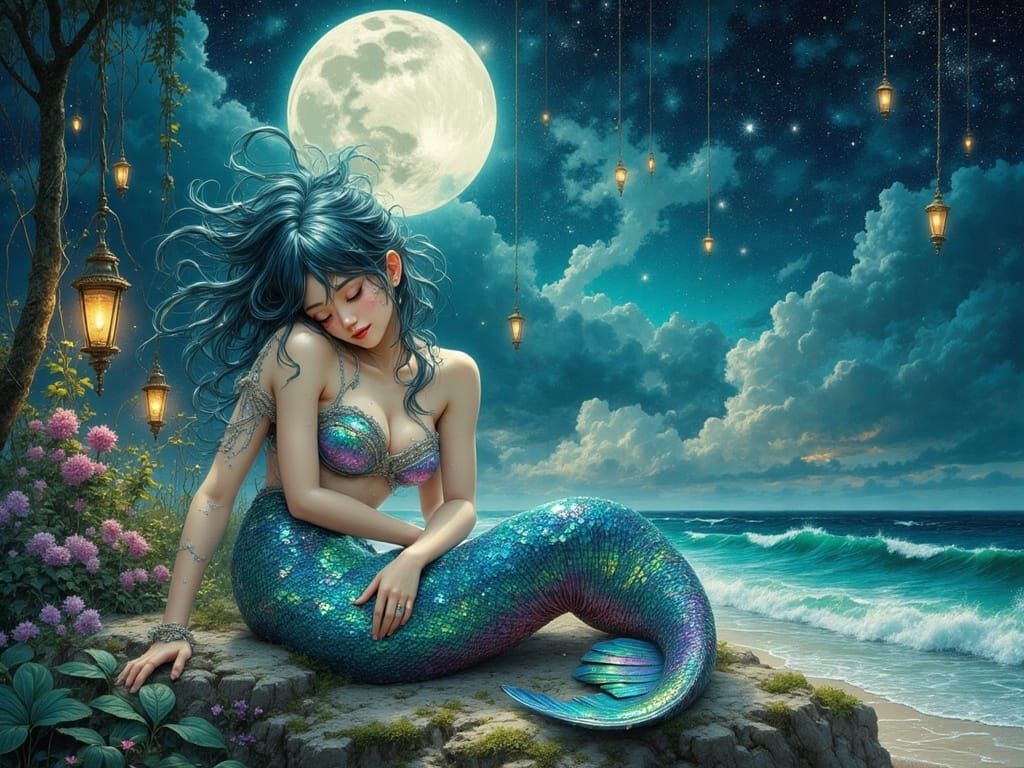 Luminous Mermaid Under Moonlight in Secluded Cove