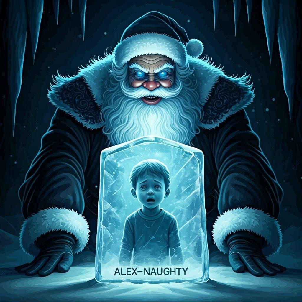 Dark Santa Claus with Frozen Child in Abstract Fractal Style
