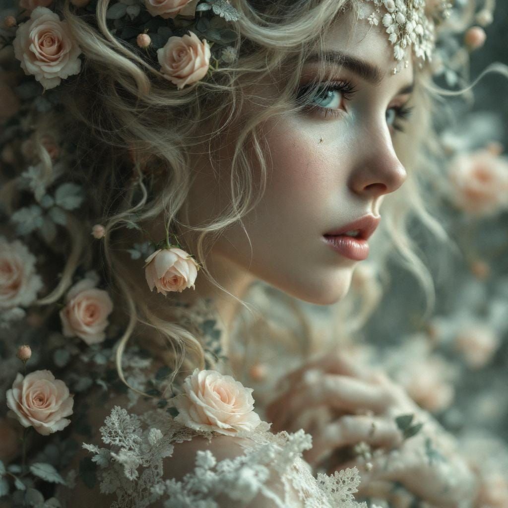 Baroque Lady with Roses in Hair, Dark Fairytale Style