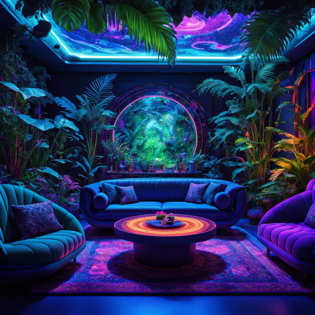 Surreal Cosmic Jungle Club with Vibrant Neon Art
