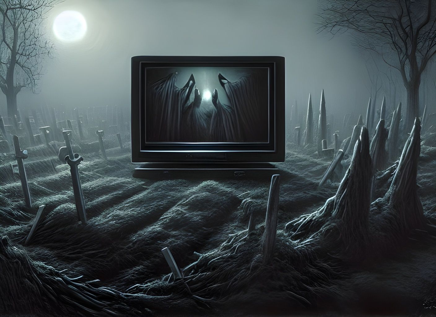 Sinister TV Broadcast in Graveyard: Horror Illustration