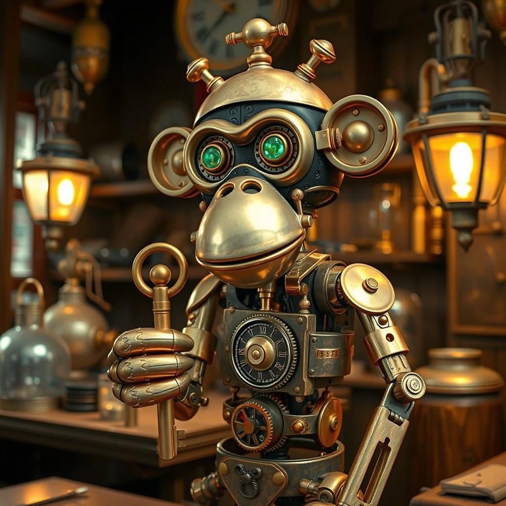 Clockwork Monkey in Victorian Workshop, Steampunk Art