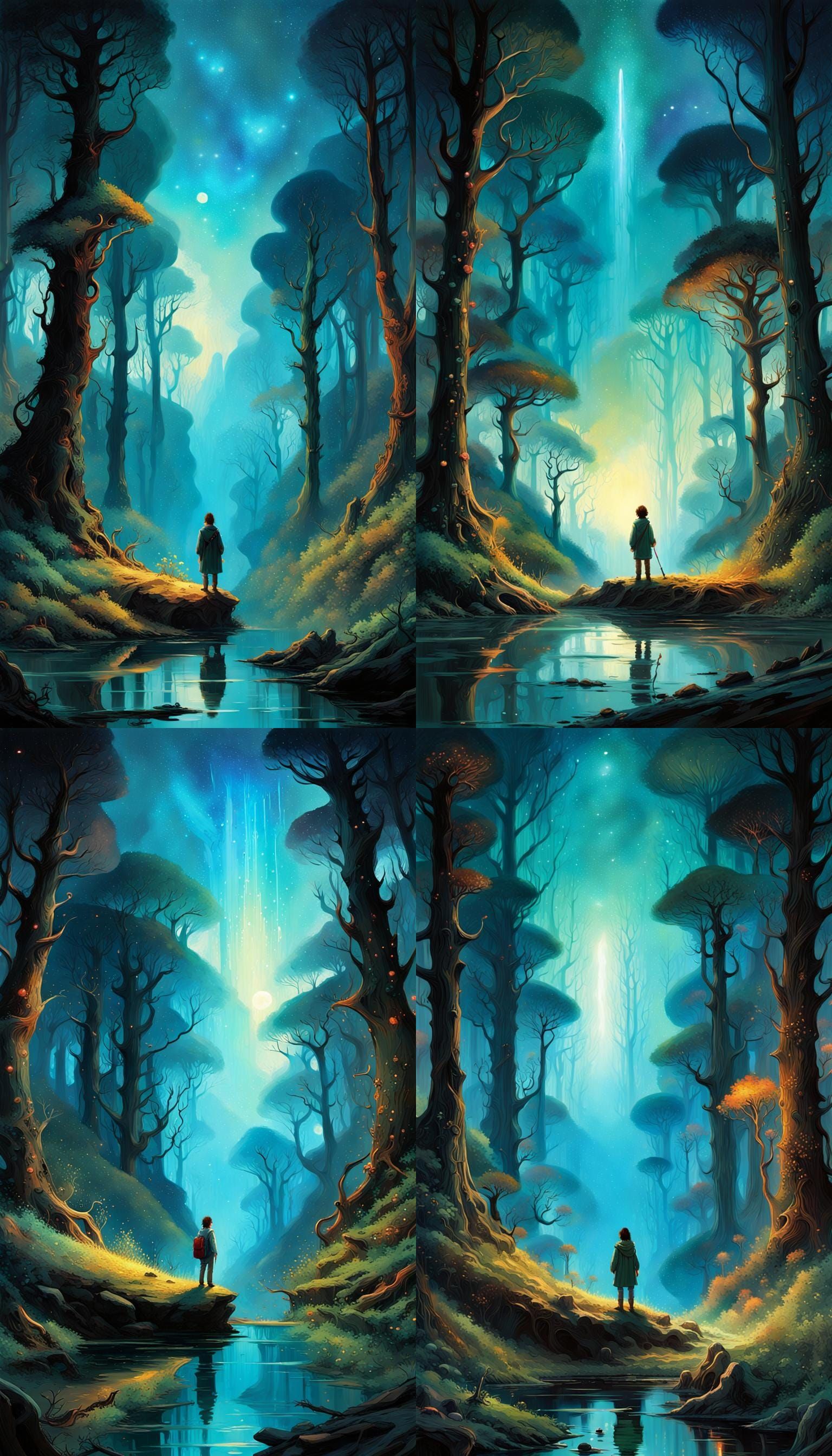 Hobbit in Bioluminescent Forest Oil Painting